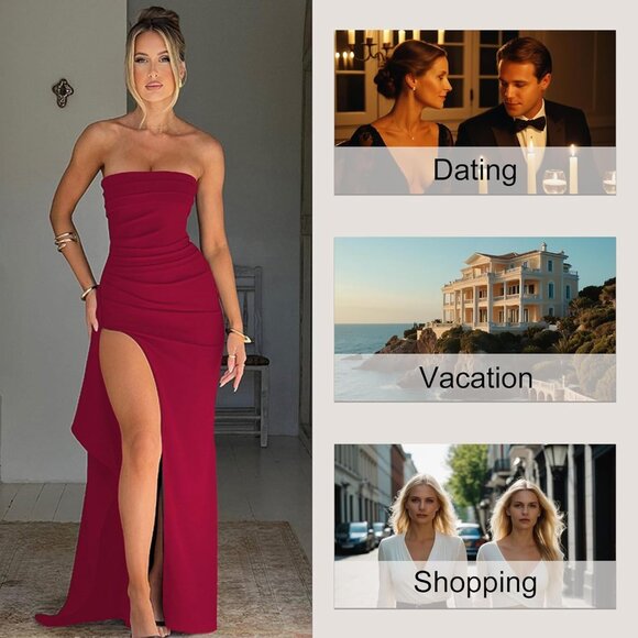 Women Summer Maxi Dress Polyester Bodycon Off Shoulder High Split Elegant - Picture 5 of 6